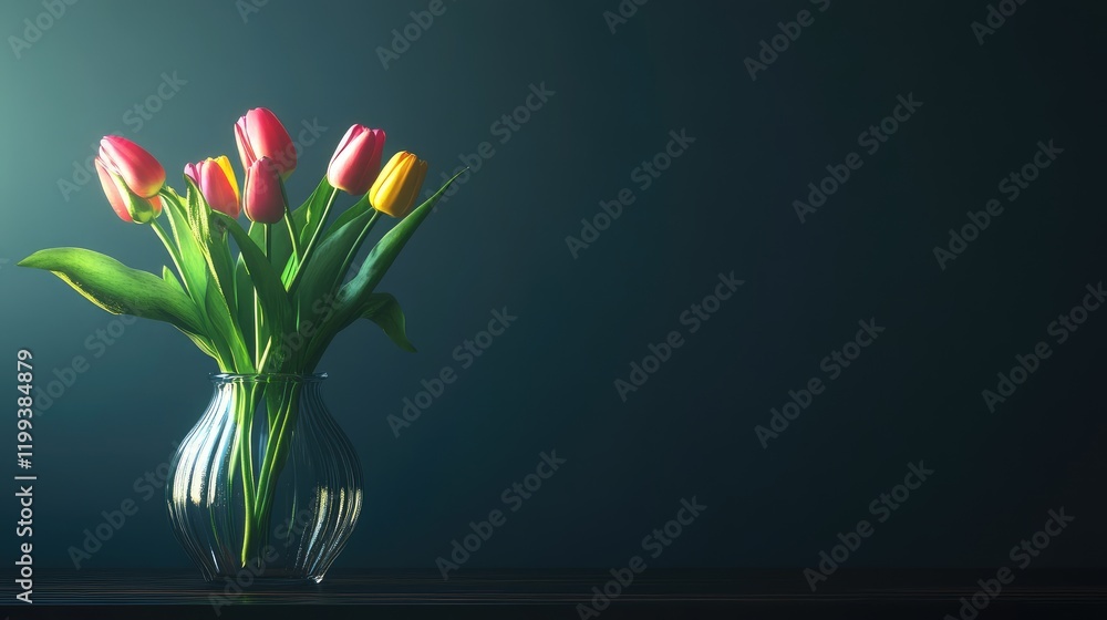 Poster vibrant tulips in clear vase on dark surface with empty space for text on left