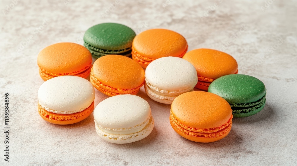 Poster vibrant assortment of orange white and green macarons arranged artistically on a textured surface wi