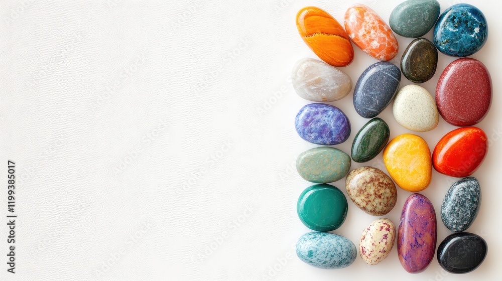 Poster vibrant assorted smooth stone arrangement on light neutral background with ample copy space ideal fo