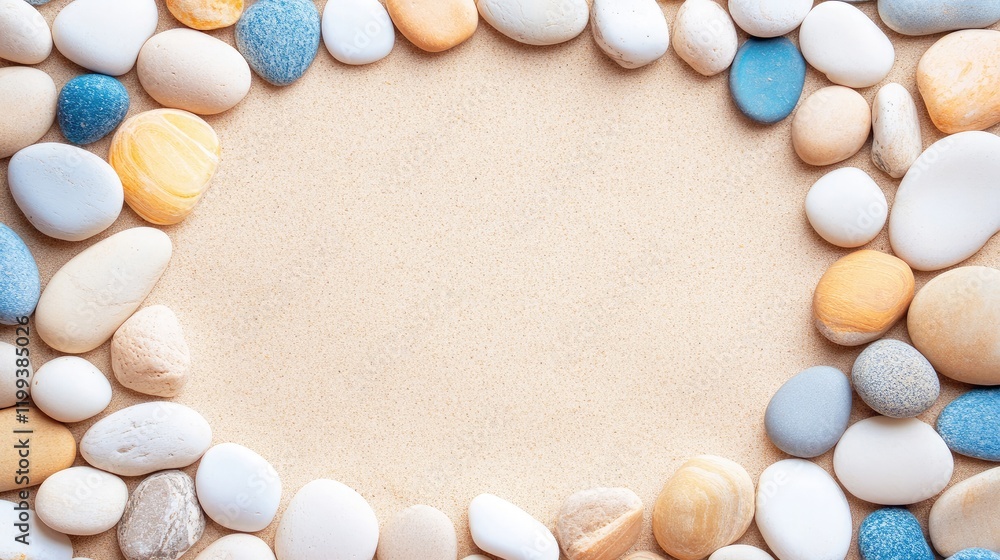 Aufkleber textured arrangement of colorful smooth round pebbles in soft beige sand on beach background with am