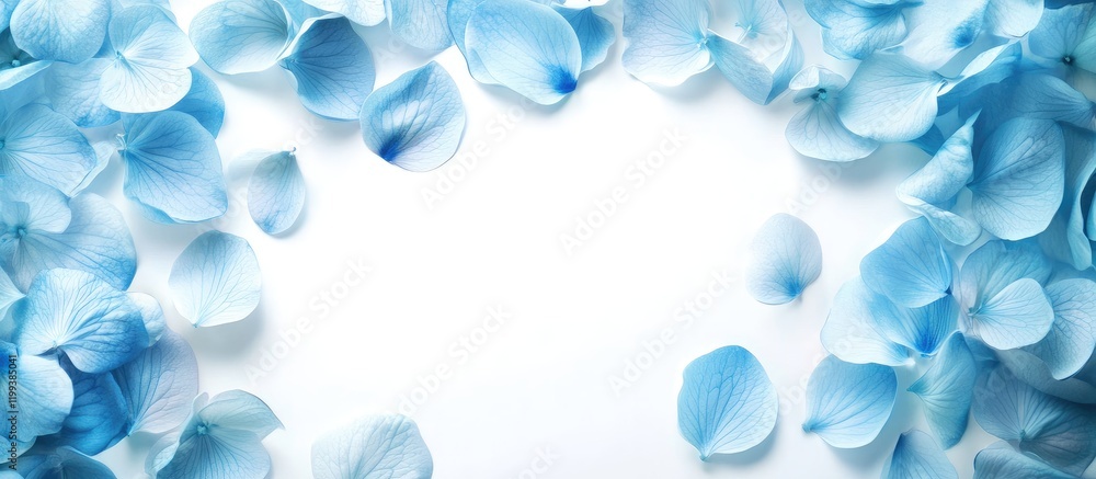 Poster delicate light blue flower petals on white background creating space for text with soft shadows and 