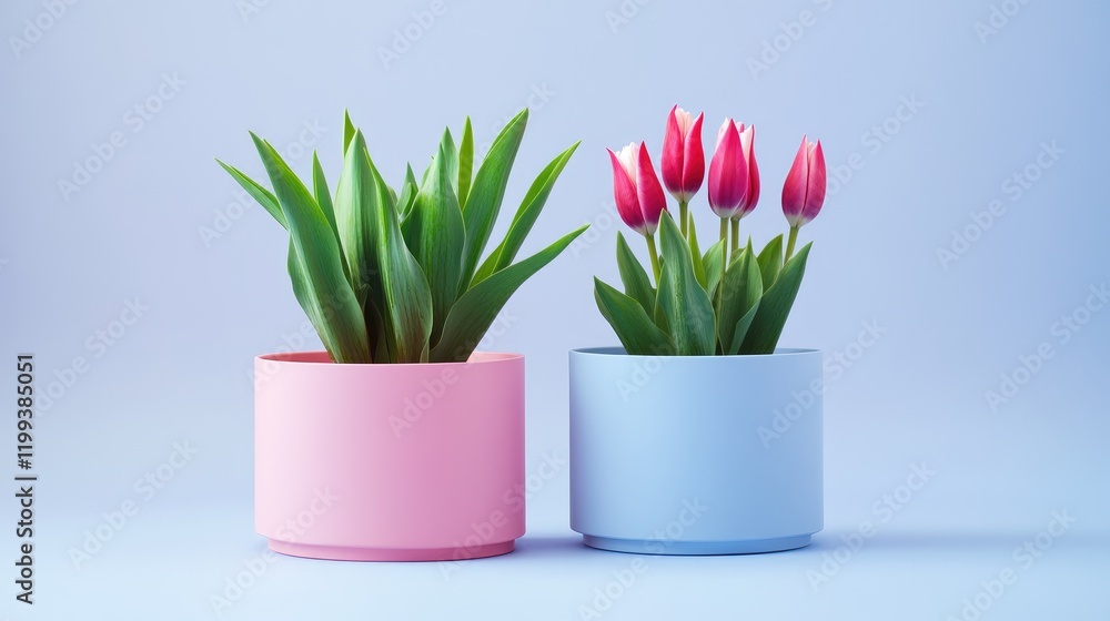 Poster colorful tulips in pastel containers with green leaves and empty copy space for text in a minimalist
