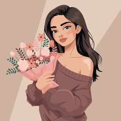 Beautiful young woman in a comfortable sweater with a bouquet of flowers. Vector, flat illustration.