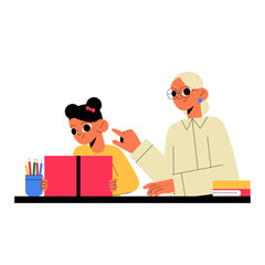 Female Teacher Helping A Student With Homework At A Desk In Flat Vector Illustration Symbolizing Education, Mentorship, And Academic Support, Isolated On White Background.