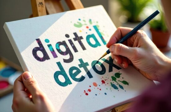 A person paints the words digital detox on canvas, embracing creativity and mindfulness in a calm workspace