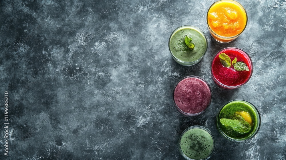 Poster vibrant smoothies in clear glasses displayed on dark textured surface with fresh mint leaves and emp