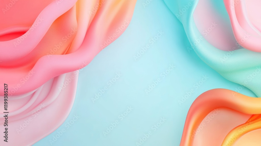 Poster colorful smooth gradient background with soft pink and blue tones and flowing fabric shapes in top l