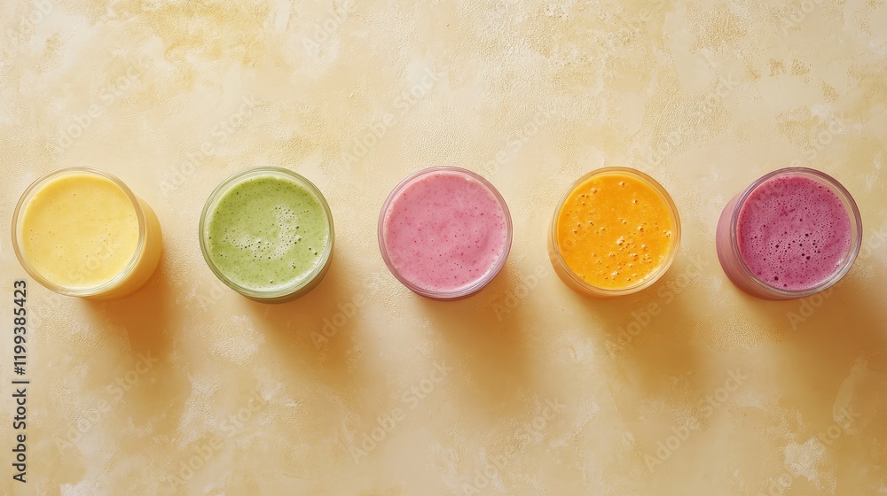 Poster vibrant array of colorful smoothies in glass jars arranged horizontally on a textured soft yellow ba