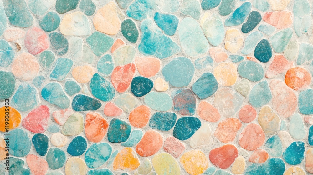 Poster vibrant multicolored smooth round pebbles texture in serene beach setting with soft pastel hues and 
