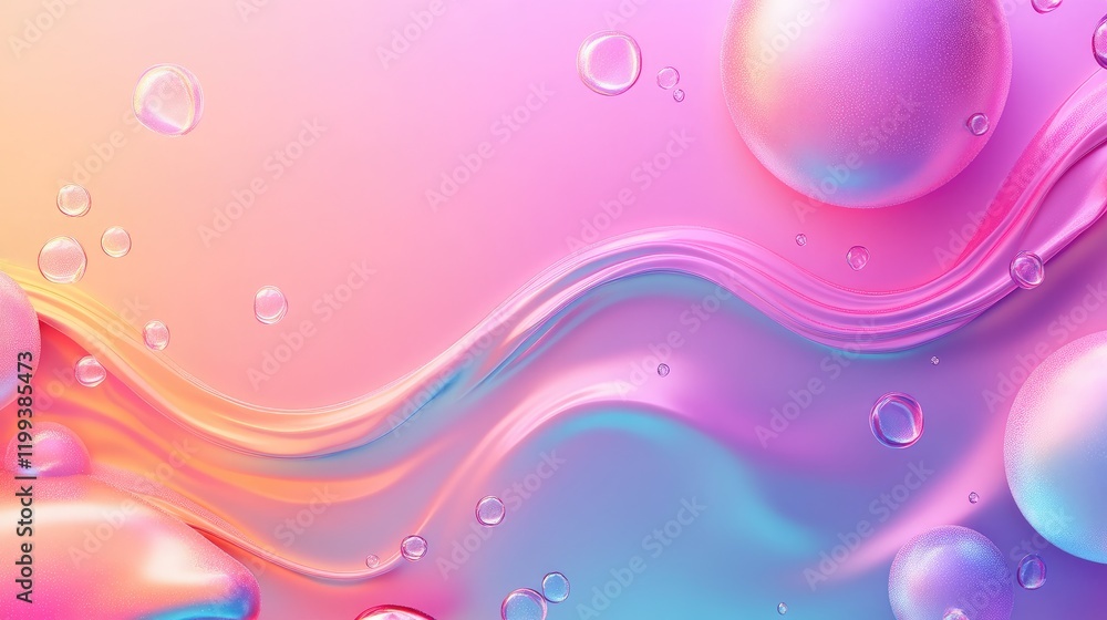 Poster colorful soap bubbles with reflective surfaces on vibrant neon pink and blue gradient background wit