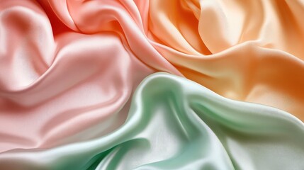 Obraz premium Colorful flowing silk fabric in soft pastel hues of pink, peach, orange, and mint green with smooth texture and ample empty space for text.