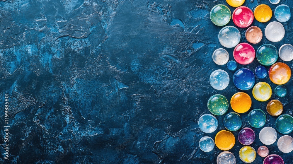 Poster vibrant multicolored soap bubbles arranged on dark blue textured surface with ample empty space for 