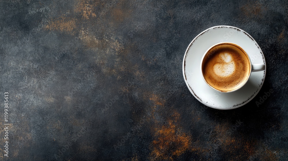 Poster coffee cup with creamy milk foam on white saucer placed on dark textured background with empty space