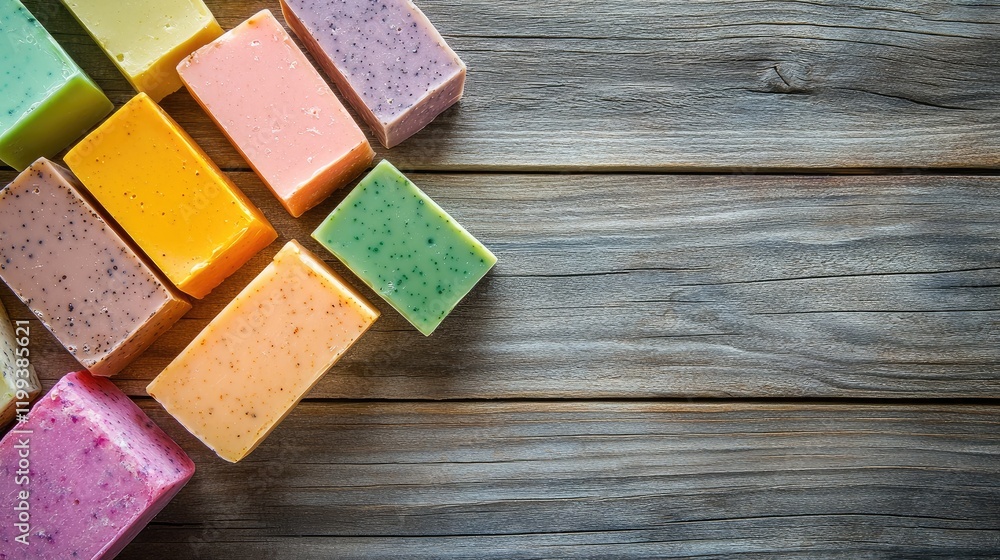Poster assorted colorful soap bars in various scents arranged on a rustic wooden surface with ample empty s