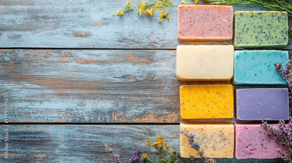Poster assorted vibrant handmade soap bars in various scents displayed on a rustic wooden surface with lave