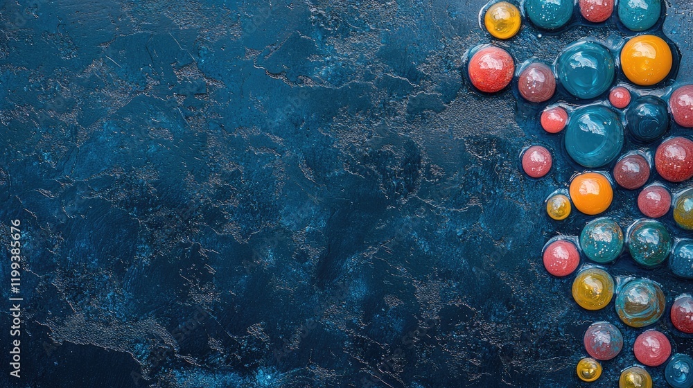 Poster vibrant multicolored soap bubbles clustered on deep blue textured surface with ample space for creat