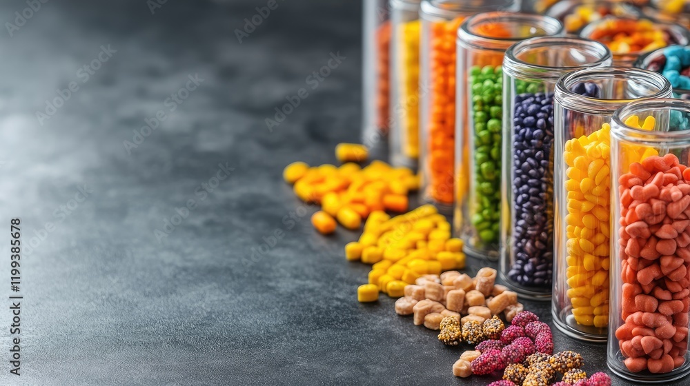 Aufkleber colorful assorted snacks in clear glass tubes arranged on a dark textured table with vibrant candy s