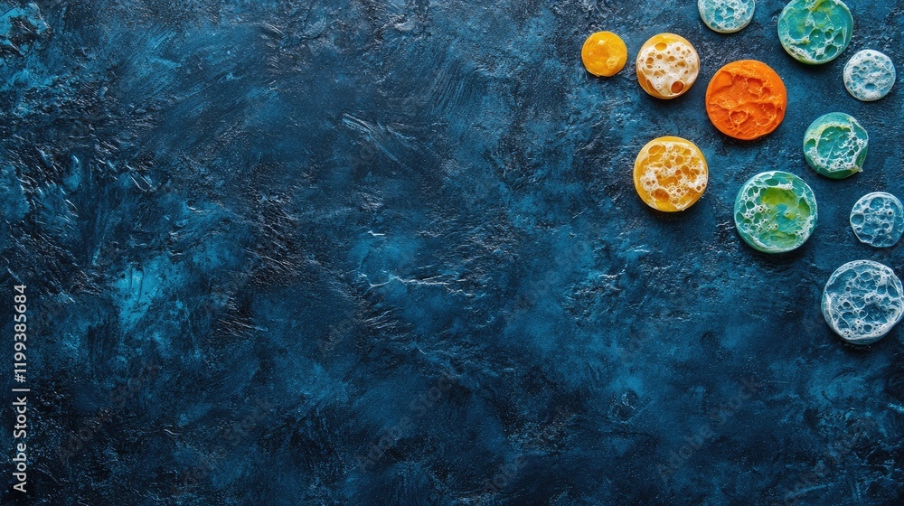 Poster vibrant soap bubbles in varying sizes and colors on deep blue textured surface with ample copy space