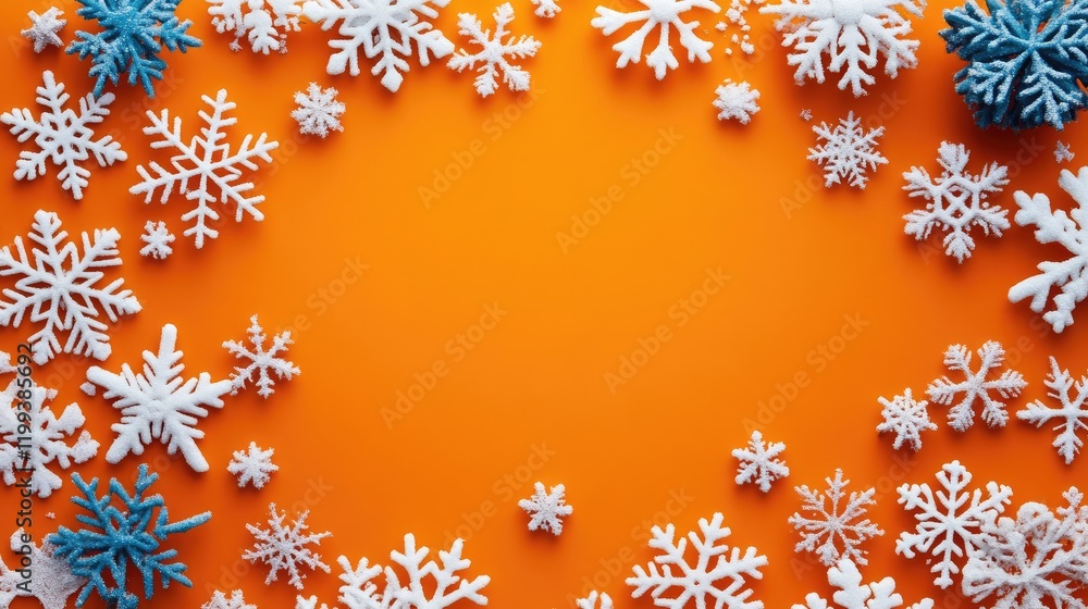 Poster vibrant winter snowflakes in diverse shapes and sizes arranged on a bright orange background with bl