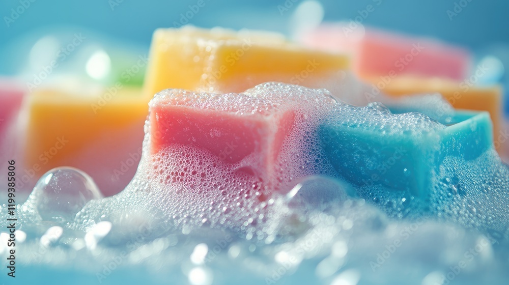 Poster vibrant pastel-colored soaps in blue bubbly water with soft foam creating a serene ambiance and ampl