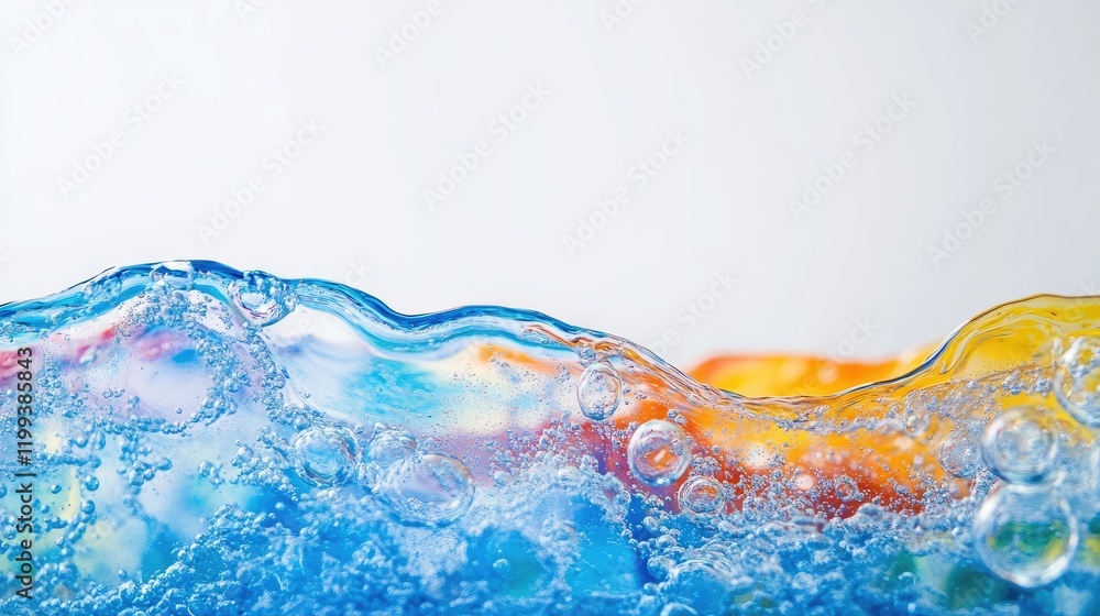 Poster vibrant soap bubbles in shades of blue and orange gracefully floating on water surface with smooth t