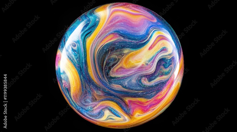 Poster vibrant swirling soap bubble on black background with multicolored patterns and negative space for t
