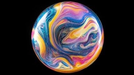 Vibrant Swirling Soap Bubble on Black Background with Multicolored Patterns and Negative Space for Textual Overlay