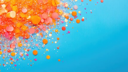 Vibrant Orange and Pink Soap Bubbles Bursting on a Bright Blue Background with Ample Copy Space for Creative Textual Elements