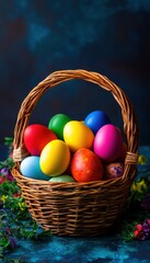 Naklejka premium Colorful Easter eggs in a wicker basket, surrounded by spring flowers. A festive spring scene.