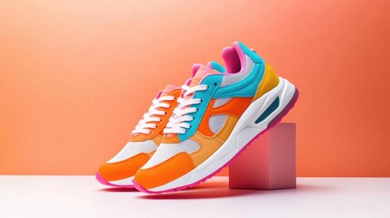 Colorful sneakers in vibrant orange and blue on a white surface with a pink and orange gradient background and ample copy space for text.