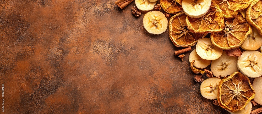Poster dried apple and banana slices with cinnamon and cardamom on textured brown background with dried ora