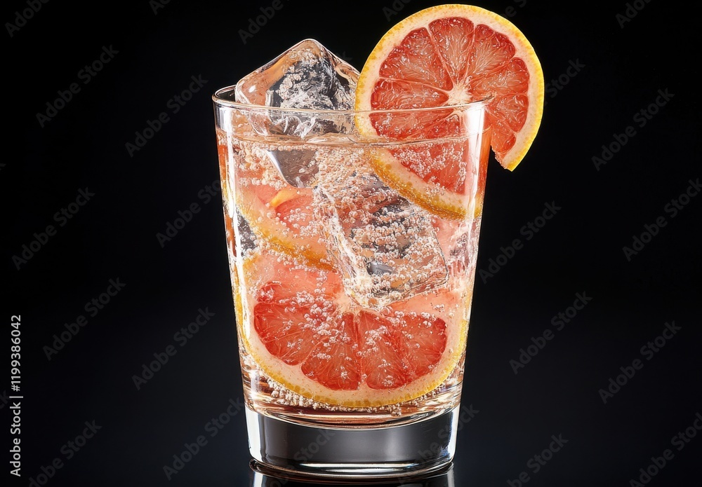 Poster fresh and refreshing sparkling beverage with ice cubes and citrus slices in a clear glass on a dark 