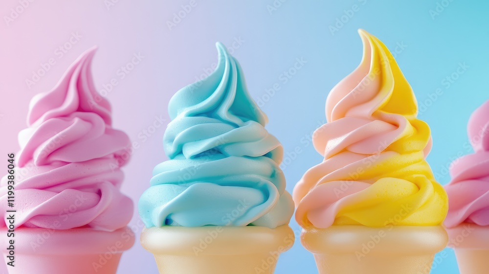 Poster colorful soft serve ice cream swirls in pastel shades of pink blue and yellow on a gradient backgrou