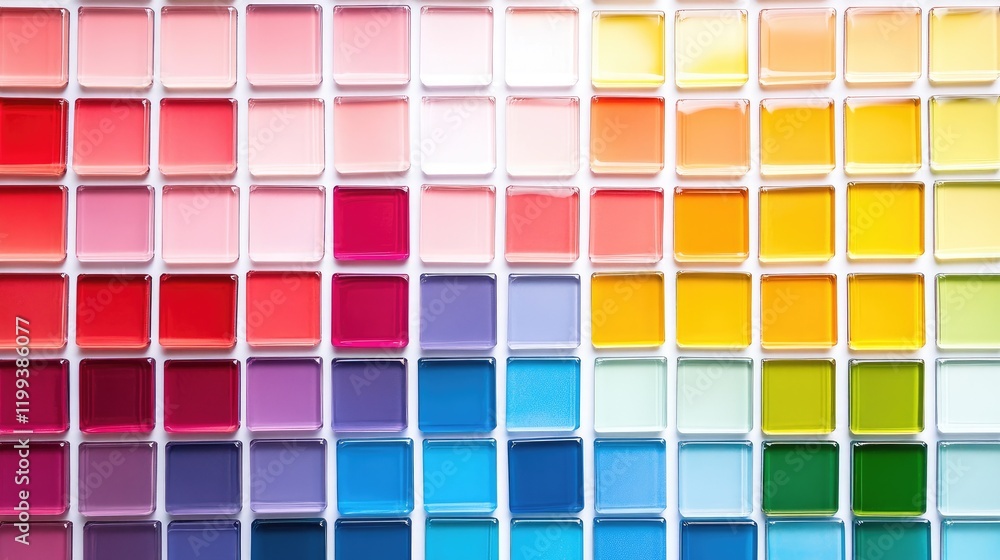 Poster vibrant array of colorful paint swatches arranged in grid pattern on bright white background showcas