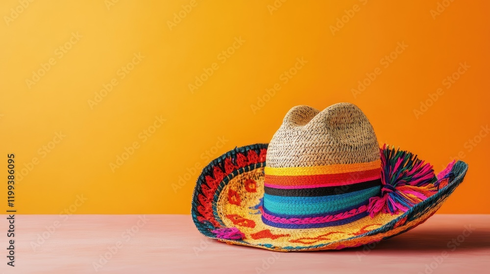 Poster vibrant sombrero with colorful band displayed against a bright orange background with empty space fo