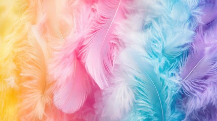 Obraz premium Vibrant pastel feathers in soft hues of pink, blue, and yellow arranged seamlessly for ballet costumes and delicate tutus with ample blank space for text.
