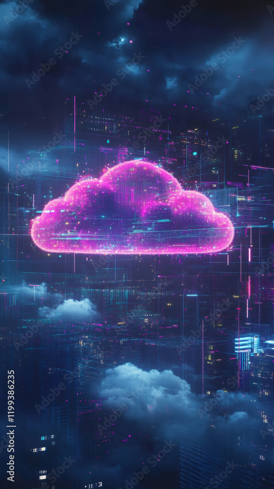 Poster cloud computing technology hovering over a futuristic city at night, symbolizing data storage and ne