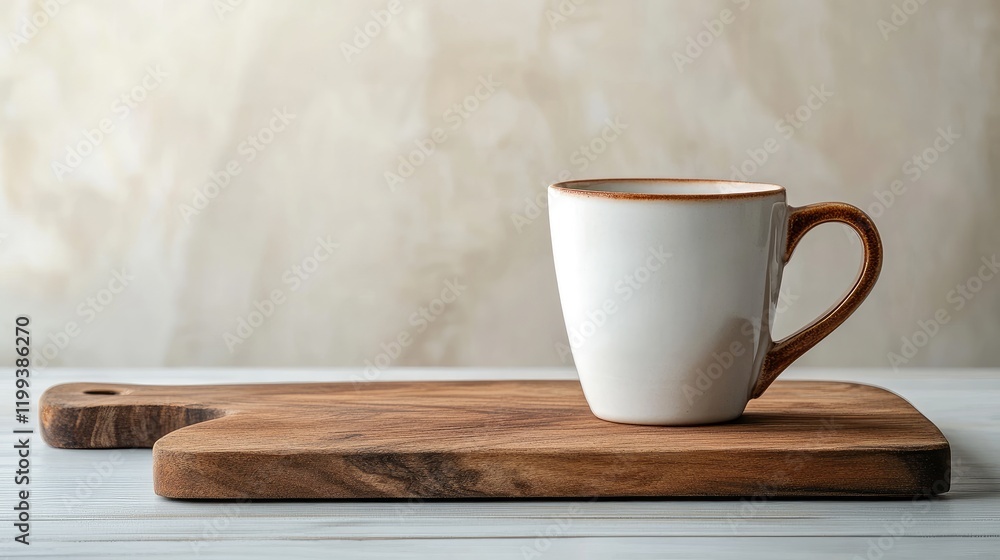 Poster coffee cup on wooden cutting board in soft light with creamy background and ample empty space for te