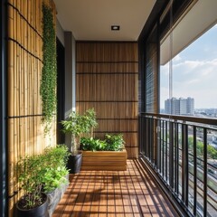 Serene Balcony Garden With Bamboo Wall And City View