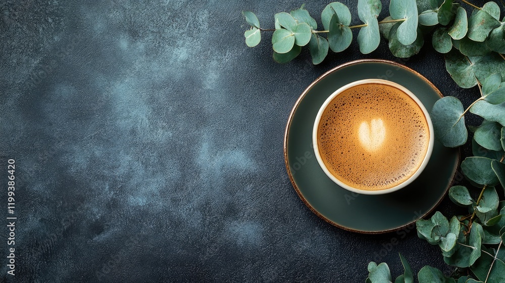 Poster coffee cup with heart-shaped latte art surrounded by fresh eucalyptus branches on dark textured back