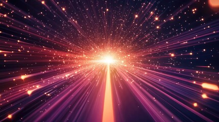 Naklejka premium Bright burst of light with dynamic rays in a starry background, emphasizing movement and energy in a dark environment.