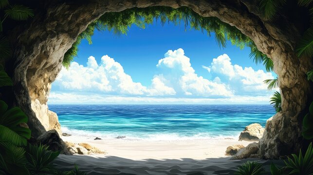 Desert cave entrance overlooking ocean beach under clear blue sky in summer