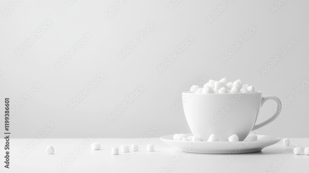 Aufkleber white cup overflowing with small marshmallows on minimalist white table with blank copy space for te