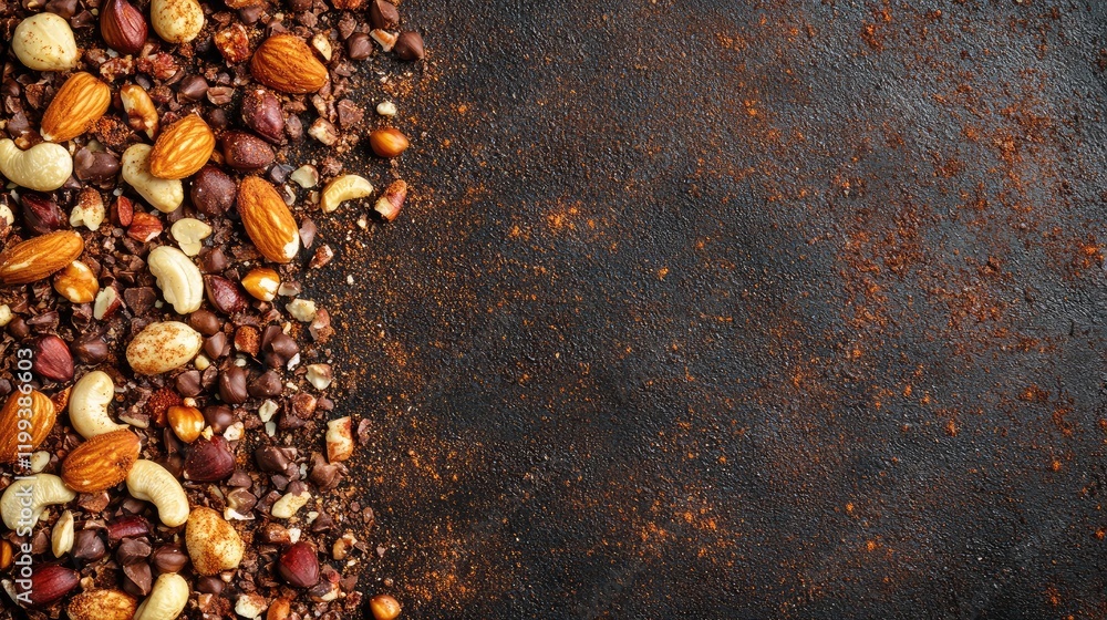 Poster roasted mixed nuts in vibrant colors on dark textured background with copy space for text and brandi