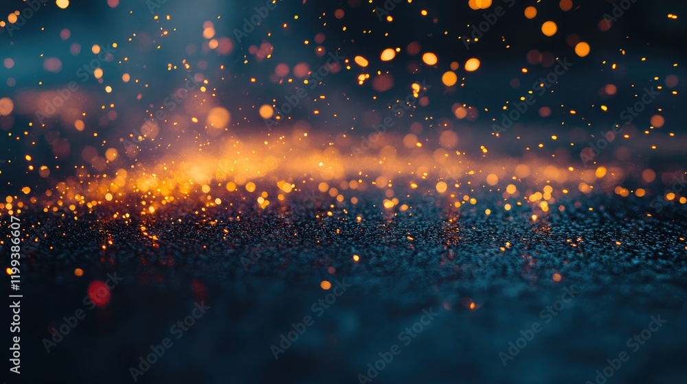 Poster colorful golden sparks illuminating wet asphalt surface in a dynamic bokeh effect with ample empty s