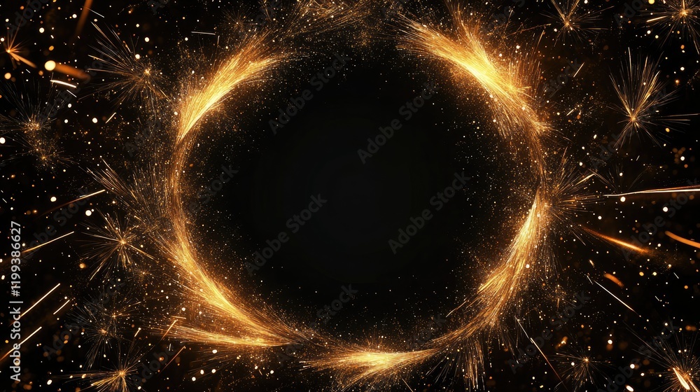 Poster vibrant golden sparklers and shimmering fireworks against a dark night background with circular fram