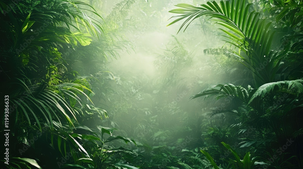Poster lush green tropical forest scene with misty fog creating a serene atmosphere and versatile copy spac