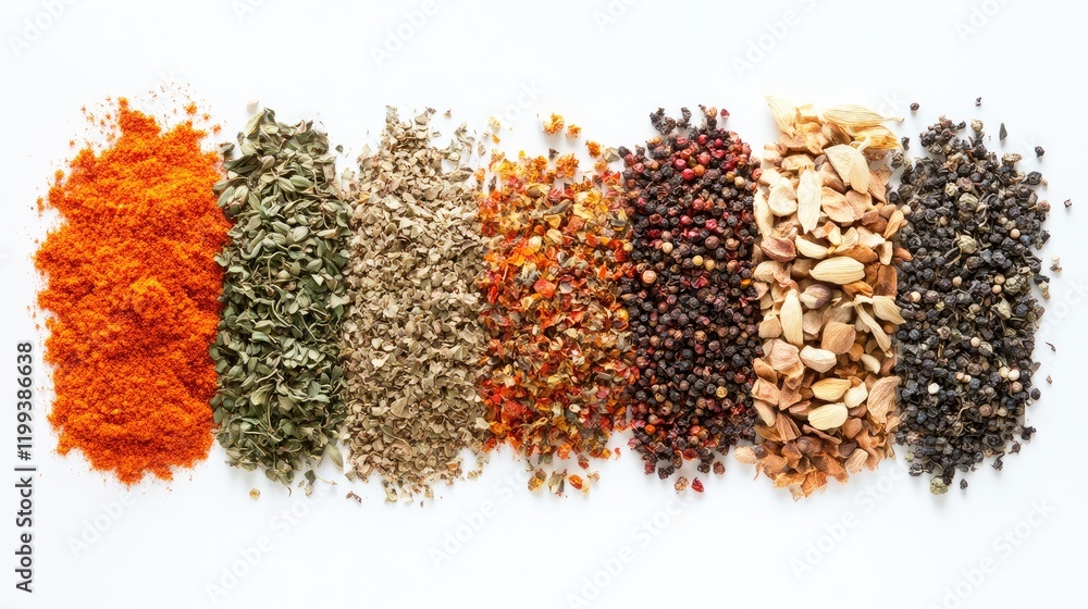 Poster vibrant array of colorful spices and herbs displayed horizontally on a pristine white background wit