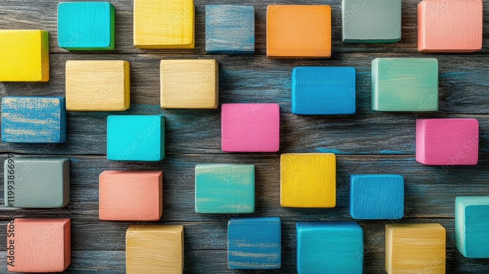 Poster vibrant colorful wooden cubes arranged on a rustic wood surface, creating a dynamic background for t