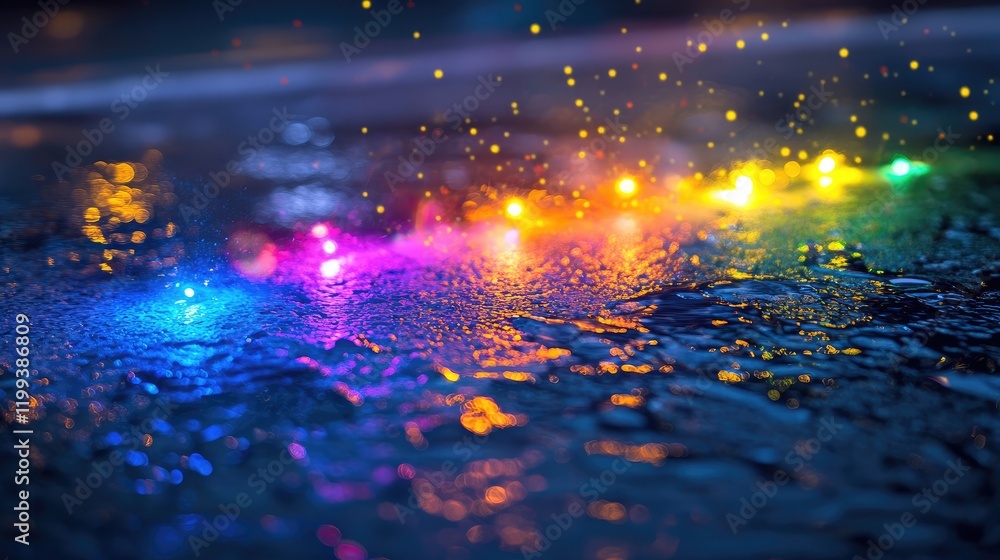 Poster vibrant colorful sparks illuminate wet asphalt surface with blurred background and empty space for t